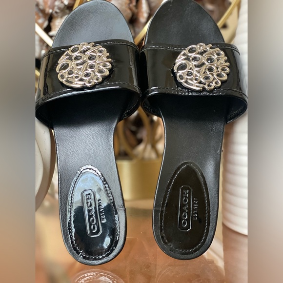 Coach JUDITH NWOT 🚨Black Patent Leather Cork Wedge Platform Slides Size 7 - Picture 12 of 15